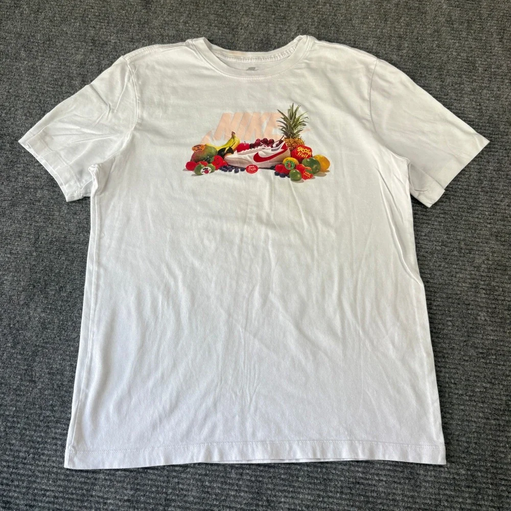 Nike Mens Medium White Swoosh Fruit Graphic T-Shirt Fresh Produce Sneaker Tee